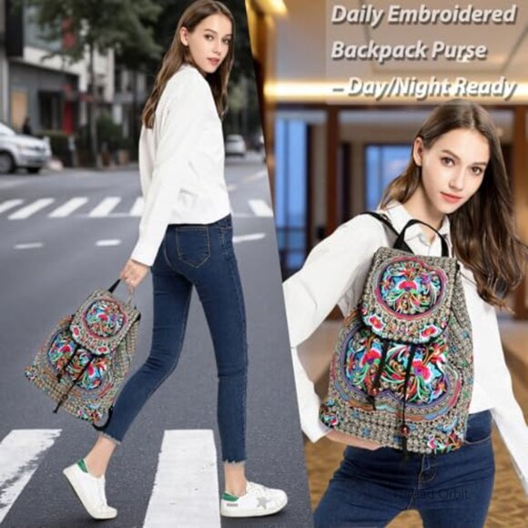 Large Embroidered Canvas Backpack Daypack Travel Bag Adjustable Shoulder Strap main image 5